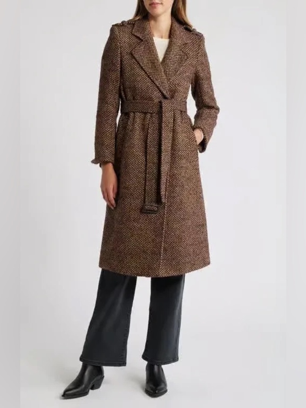 Sam Edelman Sz S Chevron Tie Waist Midi Coat Brown Cozy Herringbone Heritage